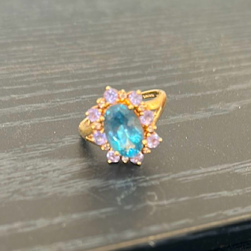 London blue topaz & 14k yellow gold Ring with lavender & white topaz halo sz 8.5 - Picture 2 of 5